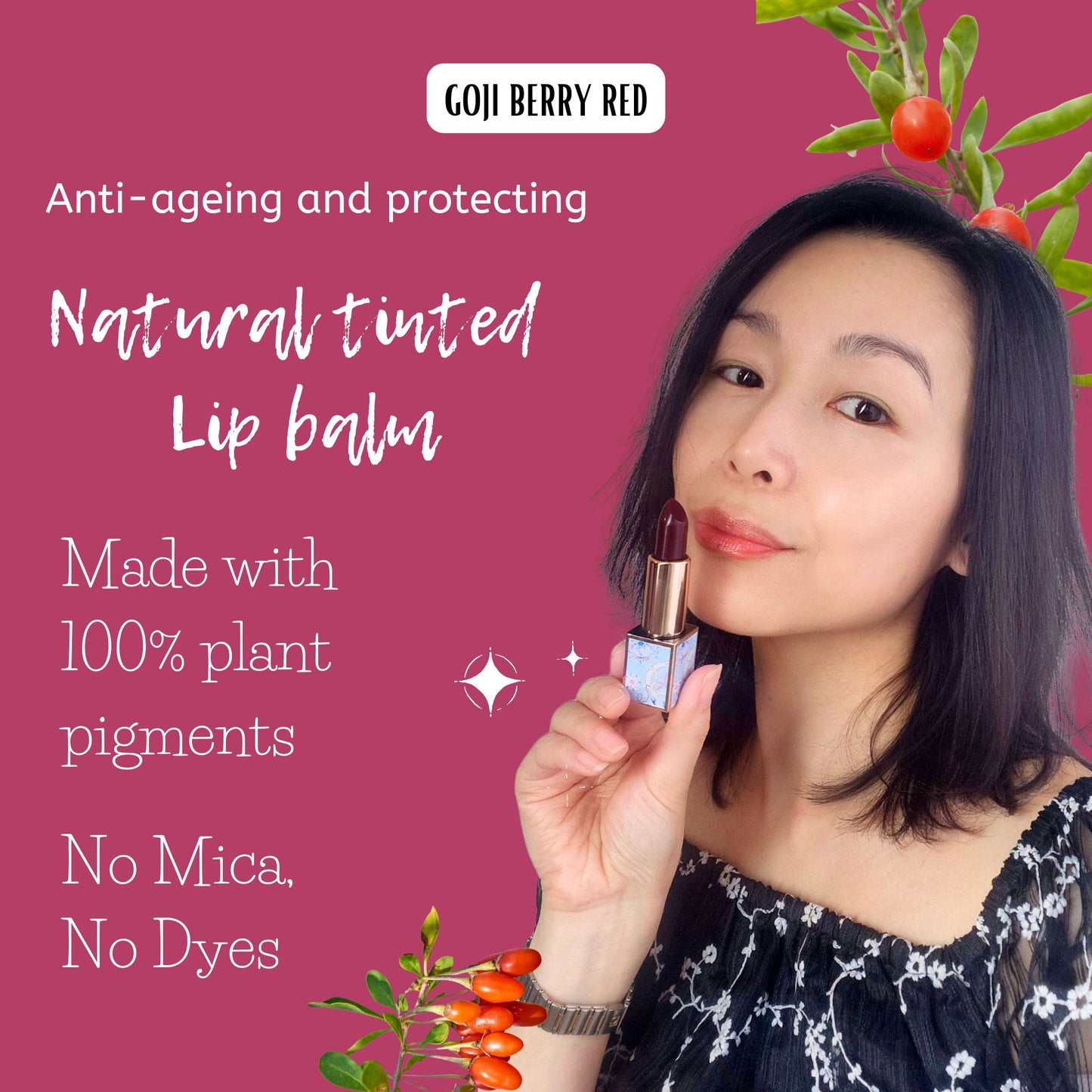 Plant-pigmented goji berry-tinted lip balm