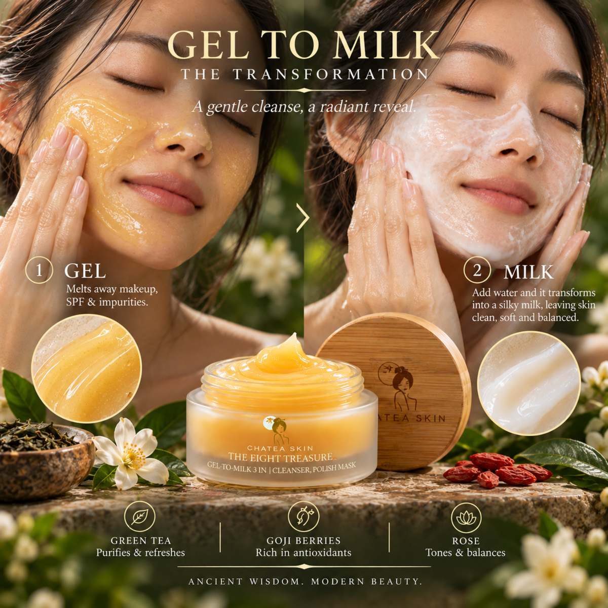 3 IN 1 Gel-to-Milk Cleanser. Polish. Mask 100ML